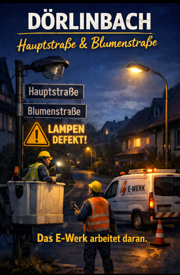 In der Blumenstra&szlig;e im Ortsteil D&ouml;rlinbach ist eine Stra&szlig;enlaterne defekt. Das E-Werk ist informiert und k&uuml;mmert sich darum.