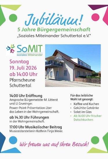 Einladung zum 5-j&auml;hringe Jubil&auml;um der B&uuml;rgergemeinschaft "SoMIT" am 19.07.2026 ab 14:00 Uhr an/in der Pfarrscheune Schuttertal.
